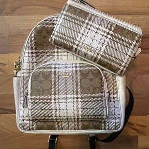 Coach Hunter’s plaid court backpack and matching wristlet